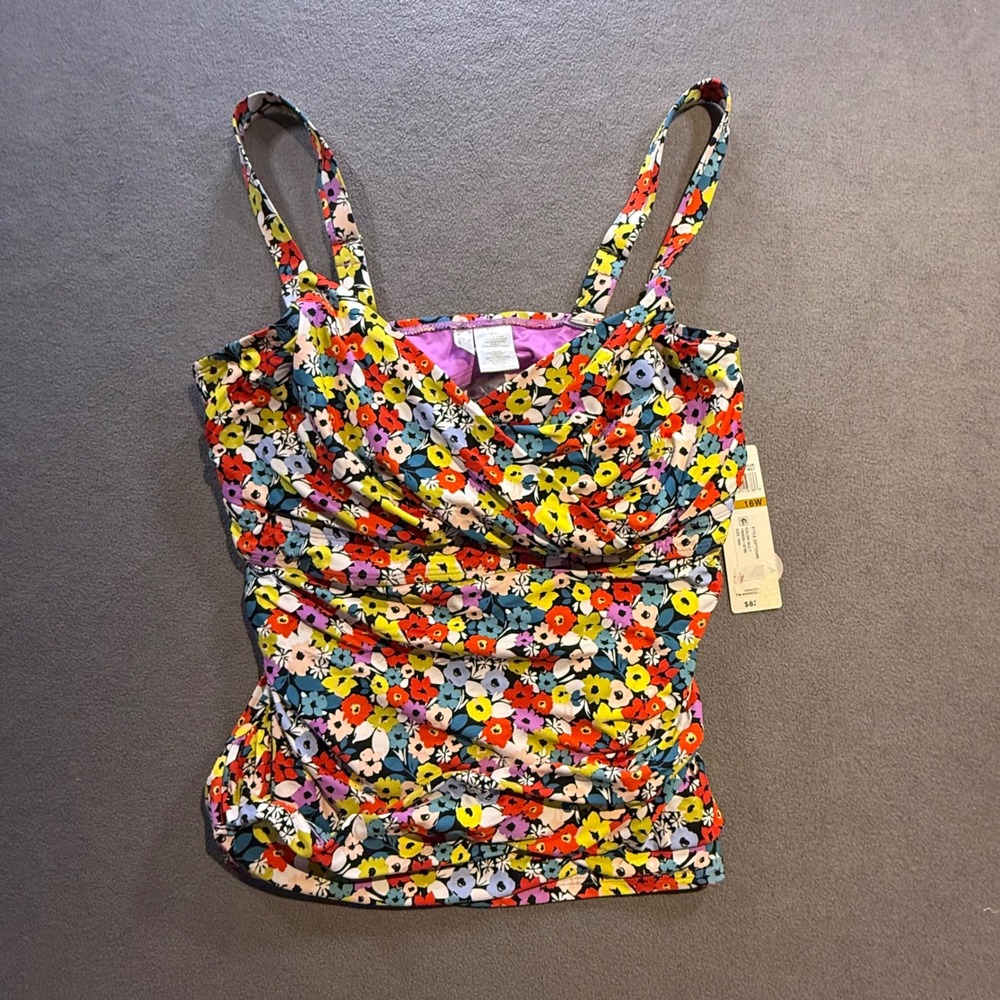 Anne Cole Women Floral Print Crossover Ruched Tankini Top Multi 16W 22PT23369